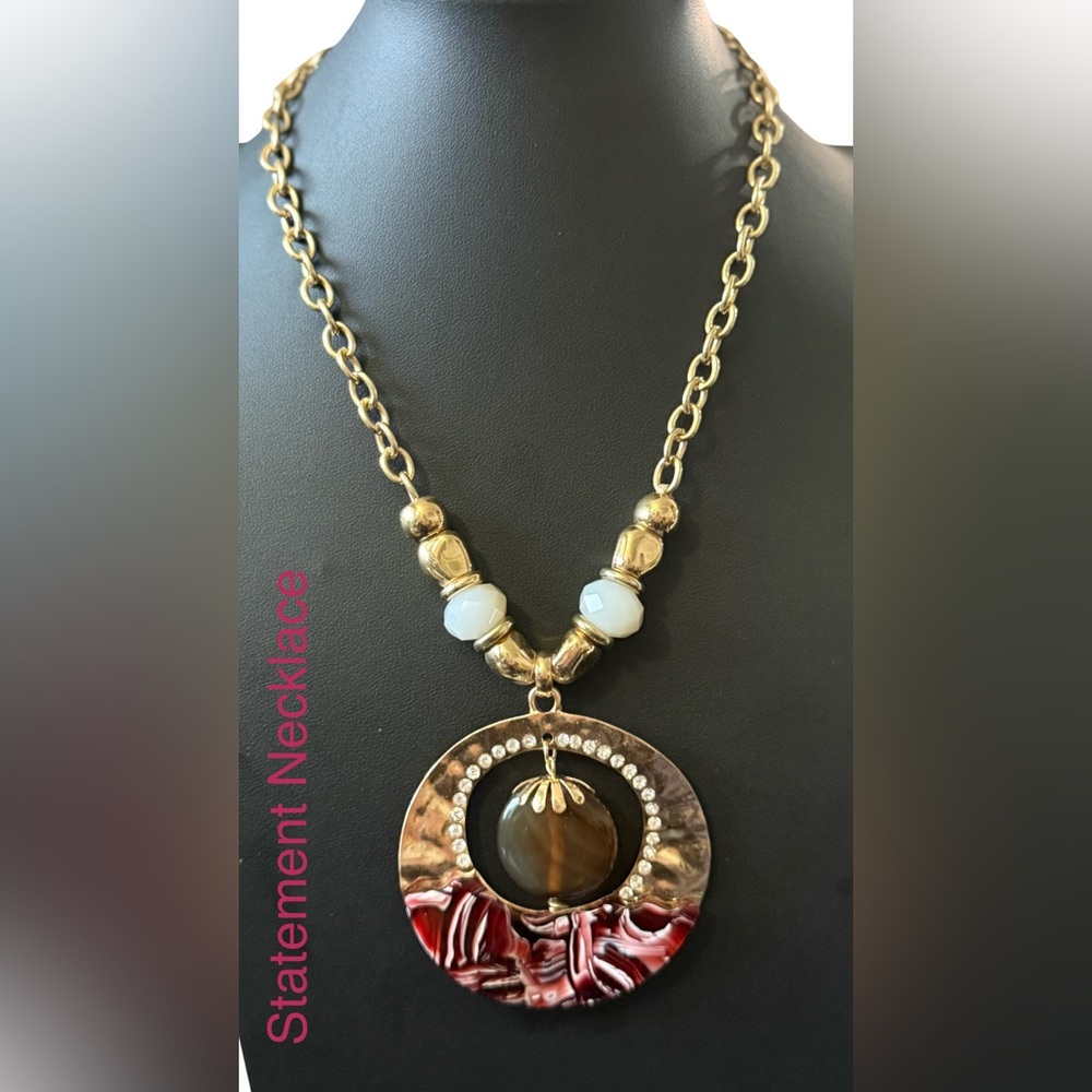 Gold Tone Statement Necklace Burgundy Tiger Eye